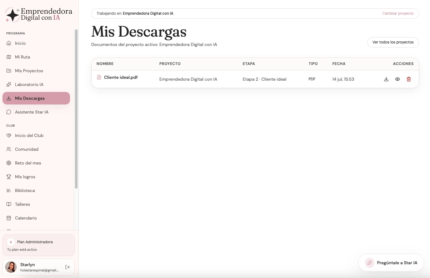 Vista de los entregables creados por la alumna