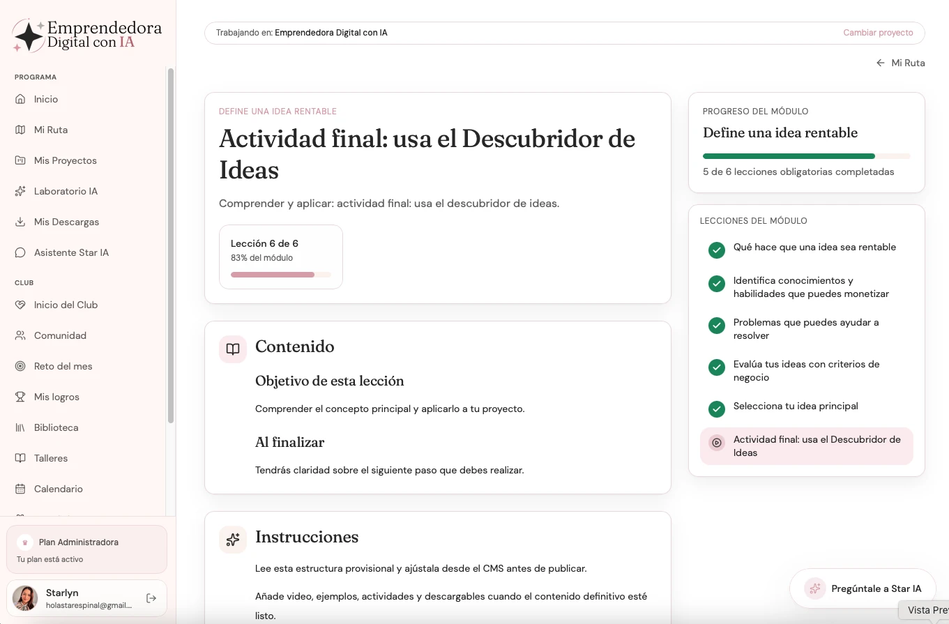 Vista de las lecciones guiadas del programa